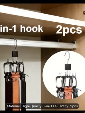 6-in-1 Black Metal Belt and Accessory Hanger - 2 Pack